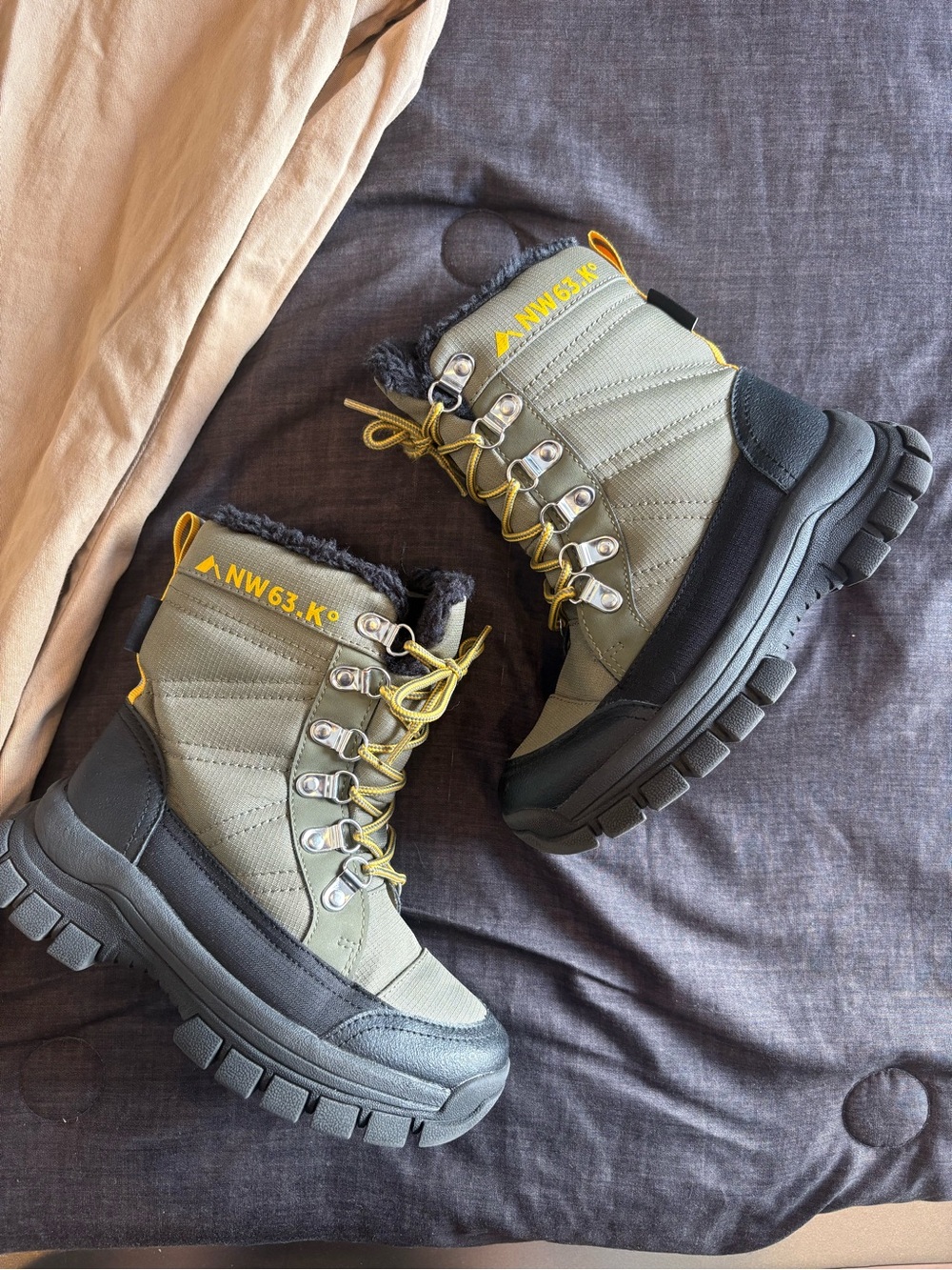 H&M Kids Olive Green and Yellow Lace-Up Snow Boots